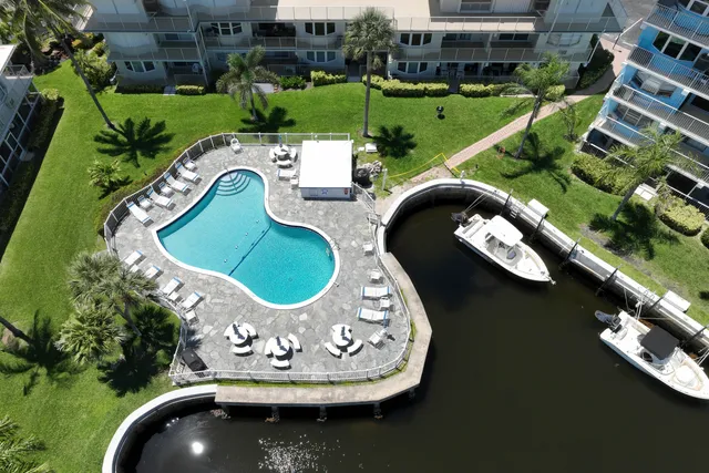 a view of a water with sitting area