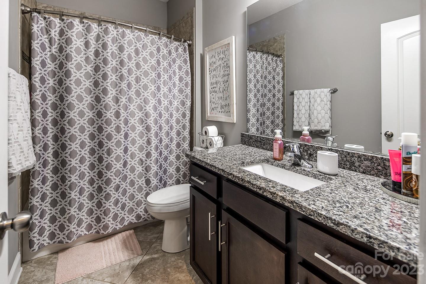 6004 Tremont Drive Indian Trail, NC 28079 - Photo 30 of 40 a bathroom with a granite countertop sink and a toilet
