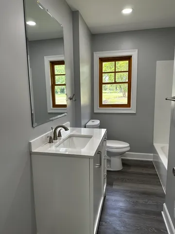 a bathroom with a toilet sink and mirror