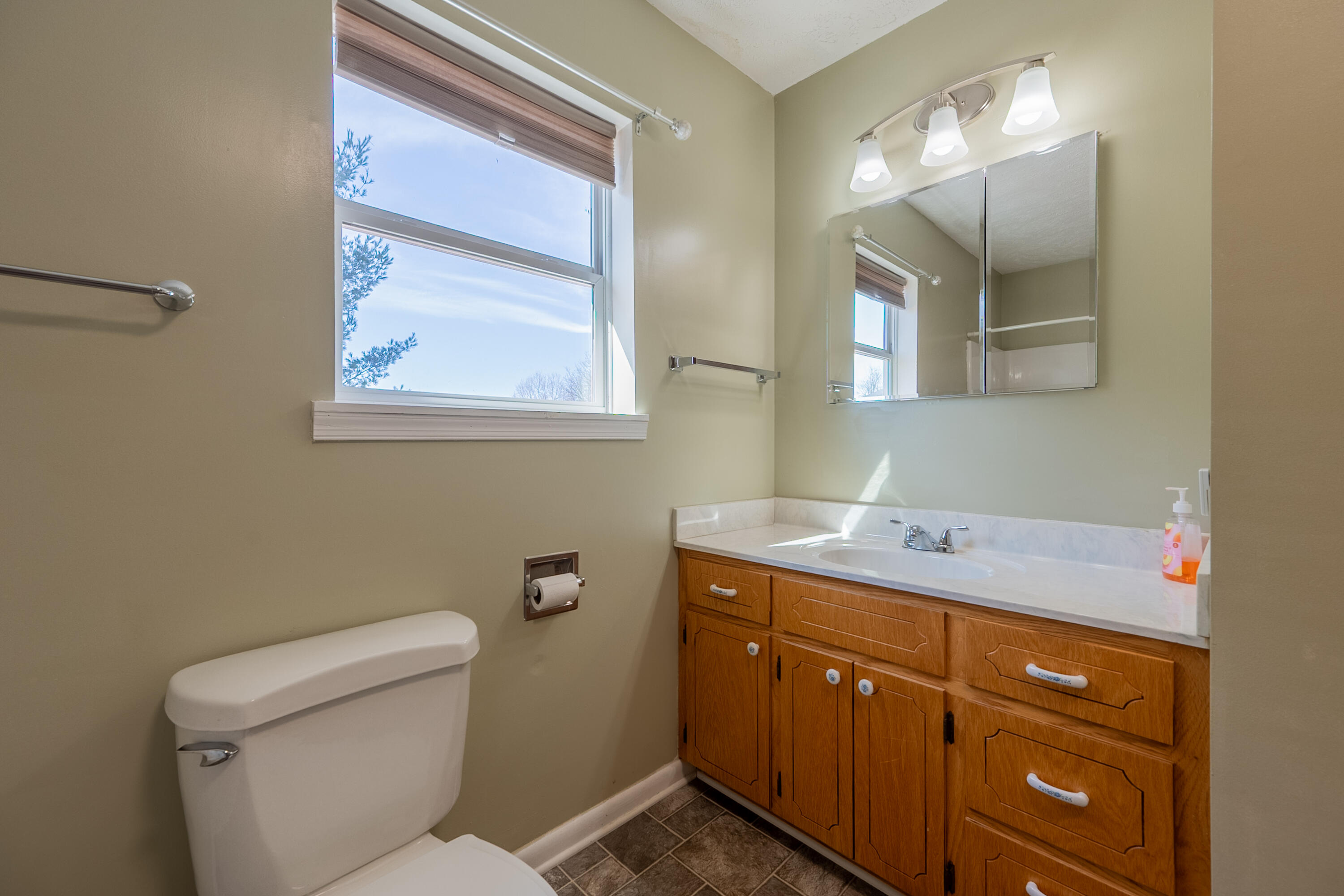 2448 Kyle Weeks Road Southwest Willis, VA 24380 - Photo 25 of 65 a bathroom with a toilet a sink a vanity a mirror and window