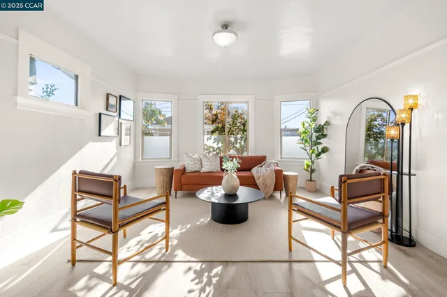 a living room with furniture a couch and a potted plant