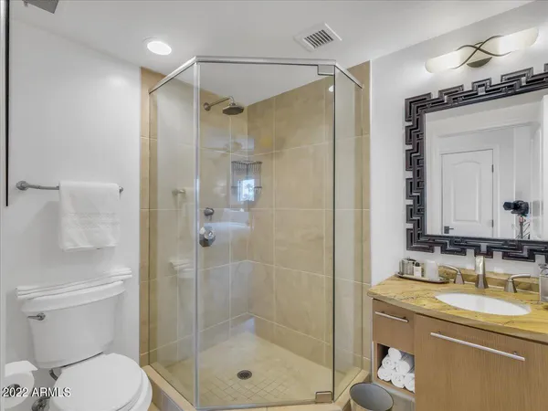 a bathroom with a shower sink vanity mirror and toilet
