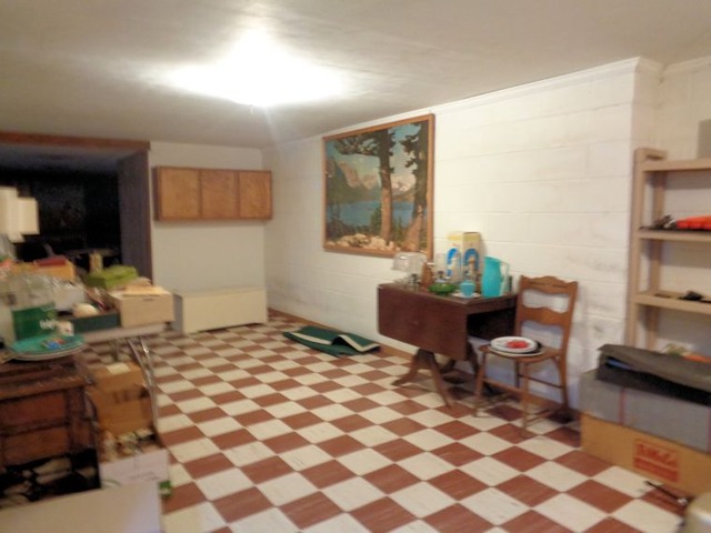 102 Cleveland Avenue Rochelle, IL 61068 - Photo 10 of 14 a living room with a black white checkered floor with couches chair and a coffee table