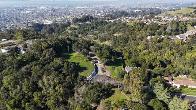 an aerial view of residential houses with outdoor space and trees