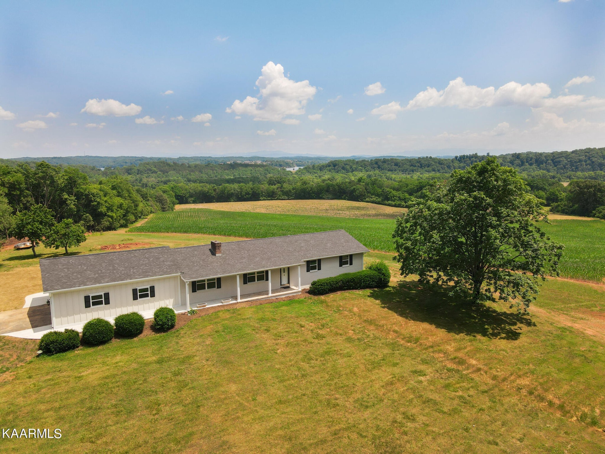an aerial view of residential houses with outdoor space and trees