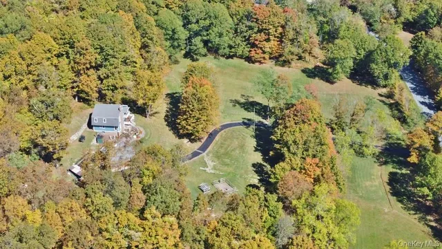 a aerial view of residential house with swimming pool and lawn chairs