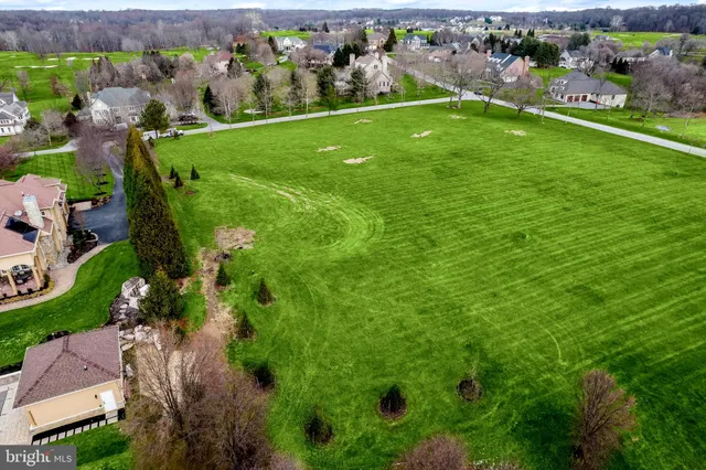 an aerial view of residential houses with outdoor space and trees