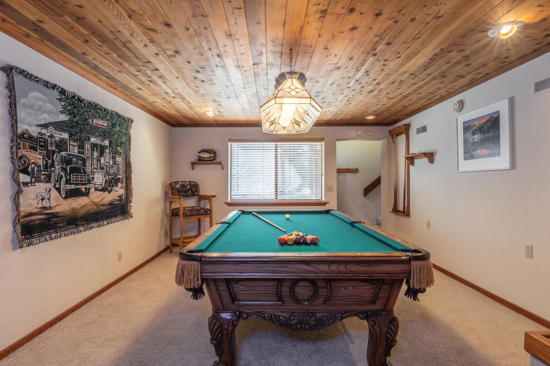 2281 Old Mammoth Road Mammoth Lakes, CA 93546 - Photo 14 of 27 Recreation room with carpet, wooden ceiling, and billiards table