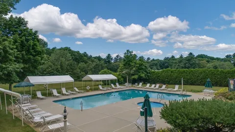 a view of a swimming pool with a patio and a garden