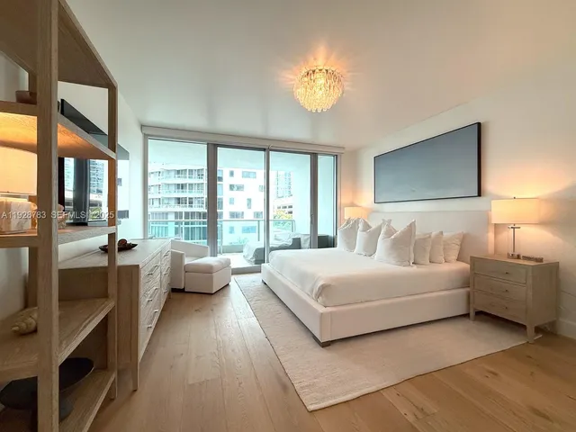 a spacious bedroom with a bed and a large window