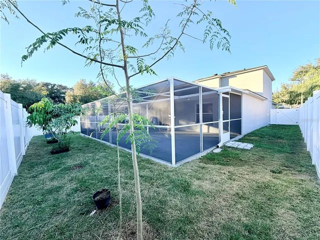 a view of a yard with plants and a trees