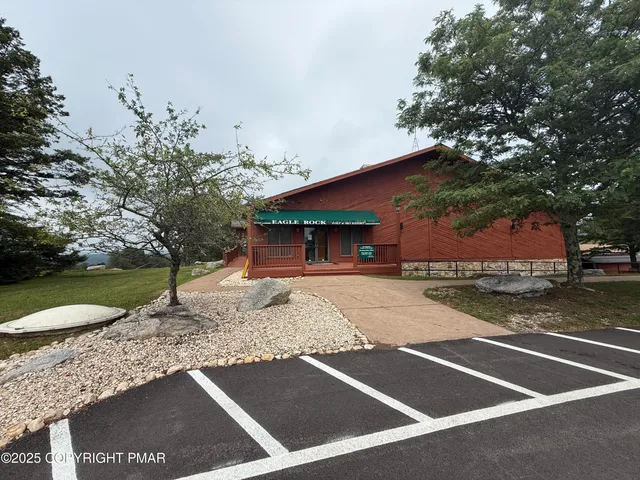 a view of a garden with large trees