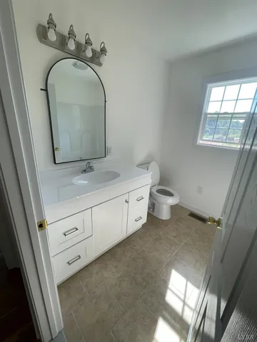 a bathroom with a double vanity sink mirror and toilet