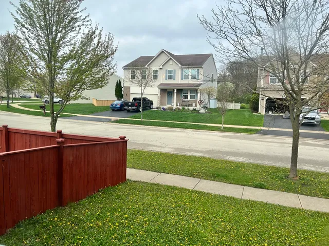 a front view of a house with a yard and a tree