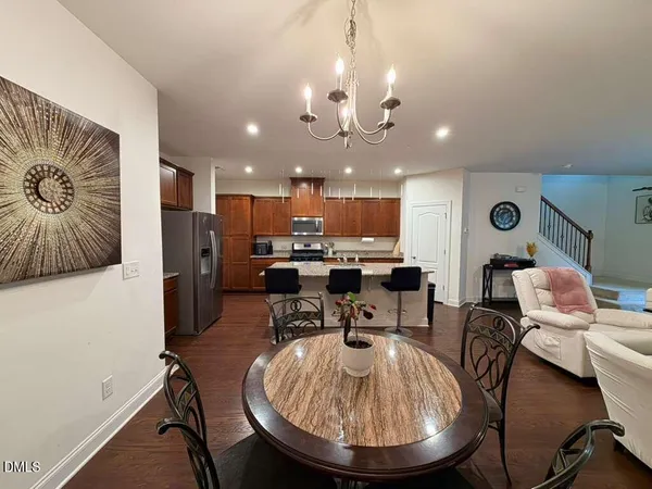 a view of a dining room with furniture
