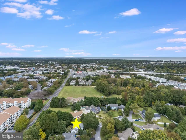 an aerial view of residential houses with outdoor space and trees