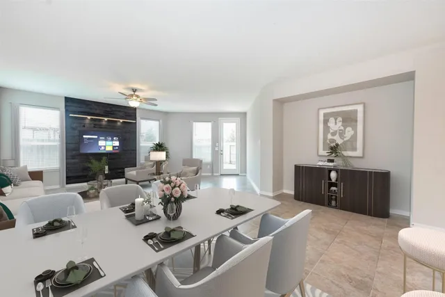 a view of a livingroom with a kitchen