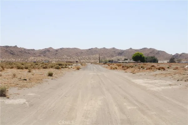 a view of a dry field with mountains in the background