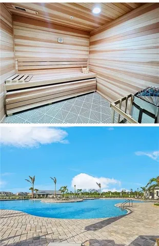 a view of a swimming pool with a patio