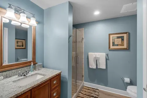 a bathroom with a sink a toilet and shower