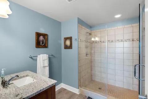 a bathroom with a granite countertop sink a shower and a mirror