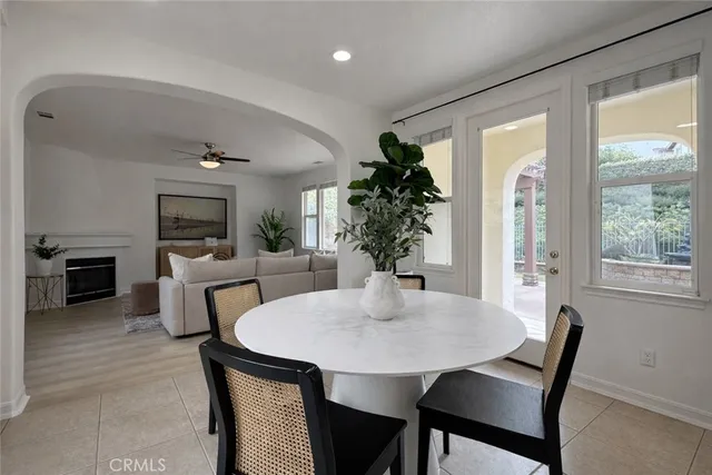 a living room with furniture potted plant and a fireplace