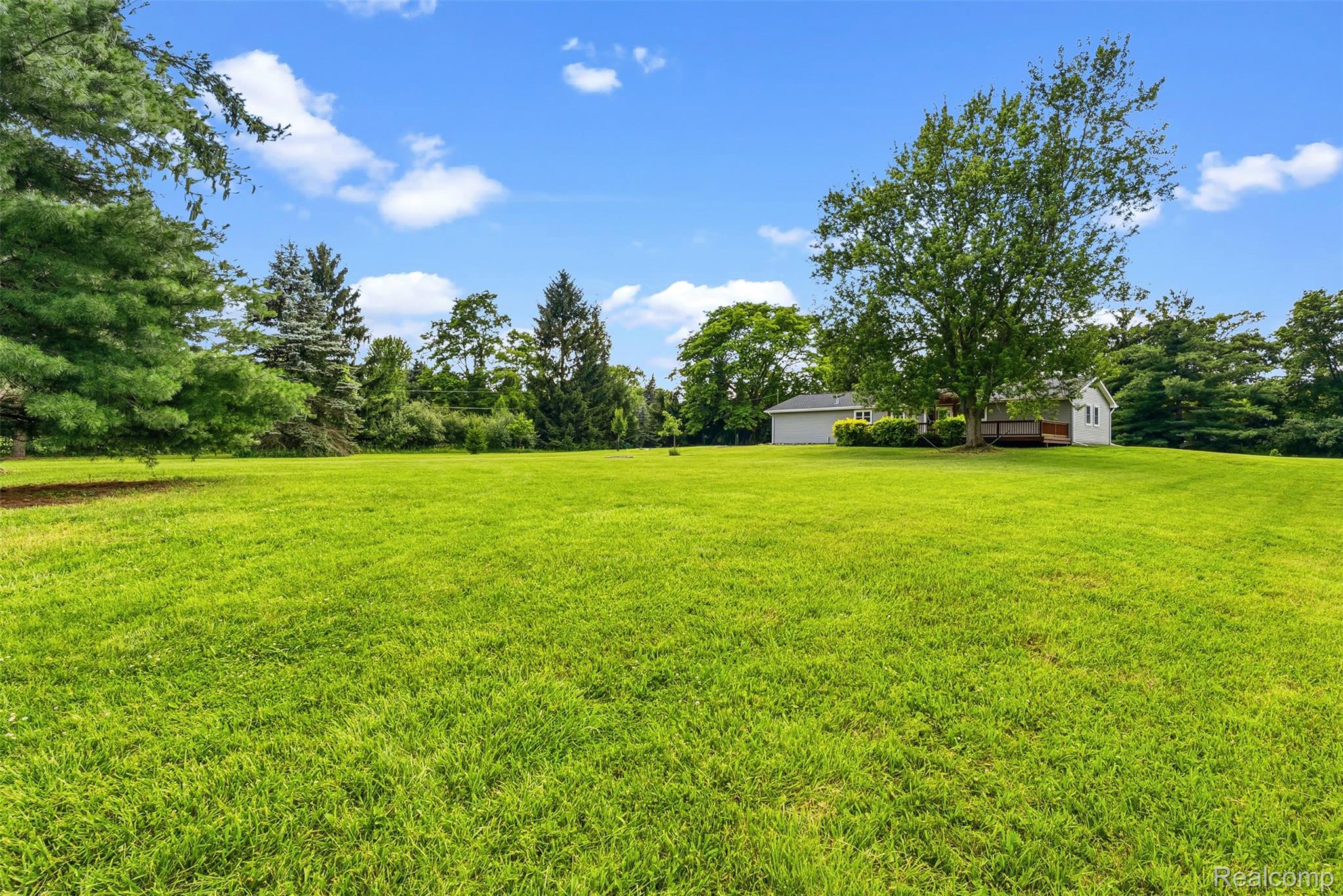 9200 Hickory Ridge Road Holly, MI 48442 - Photo 27 of 33 Expansive grassy lawn with mature trees and a distant single-story structure featuring white siding and a brown deck