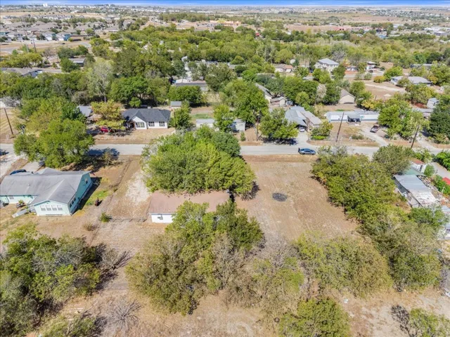 an aerial view of residential houses with outdoor space and trees