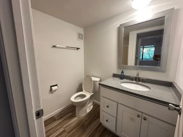 a bathroom with a double vanity sink and mirror with toilet