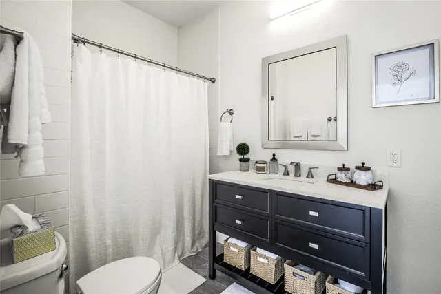 a bathroom with a toilet a sink a mirror a vanity and shower curtain