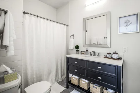 a bathroom with a toilet a sink a mirror a vanity and shower curtain