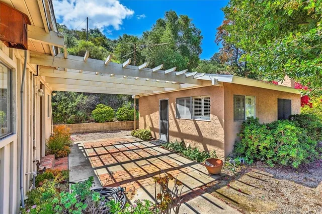 a view of a backyard with pathway and a potted plant