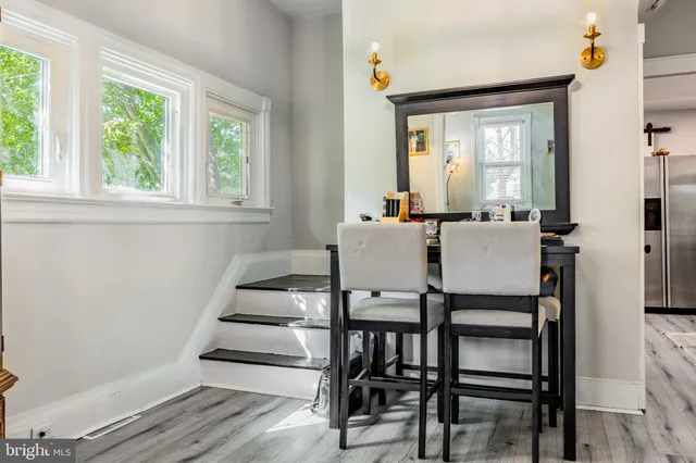 a view of a dining room with furniture window and outside view