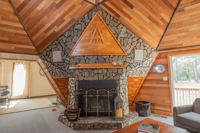 a front view of a house with a fireplace