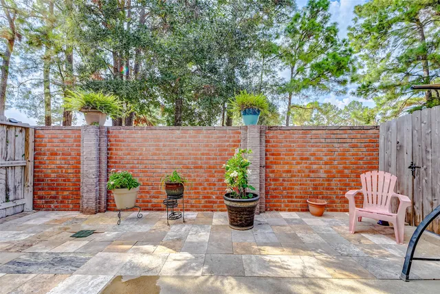 a backyard with furniture and potted plants