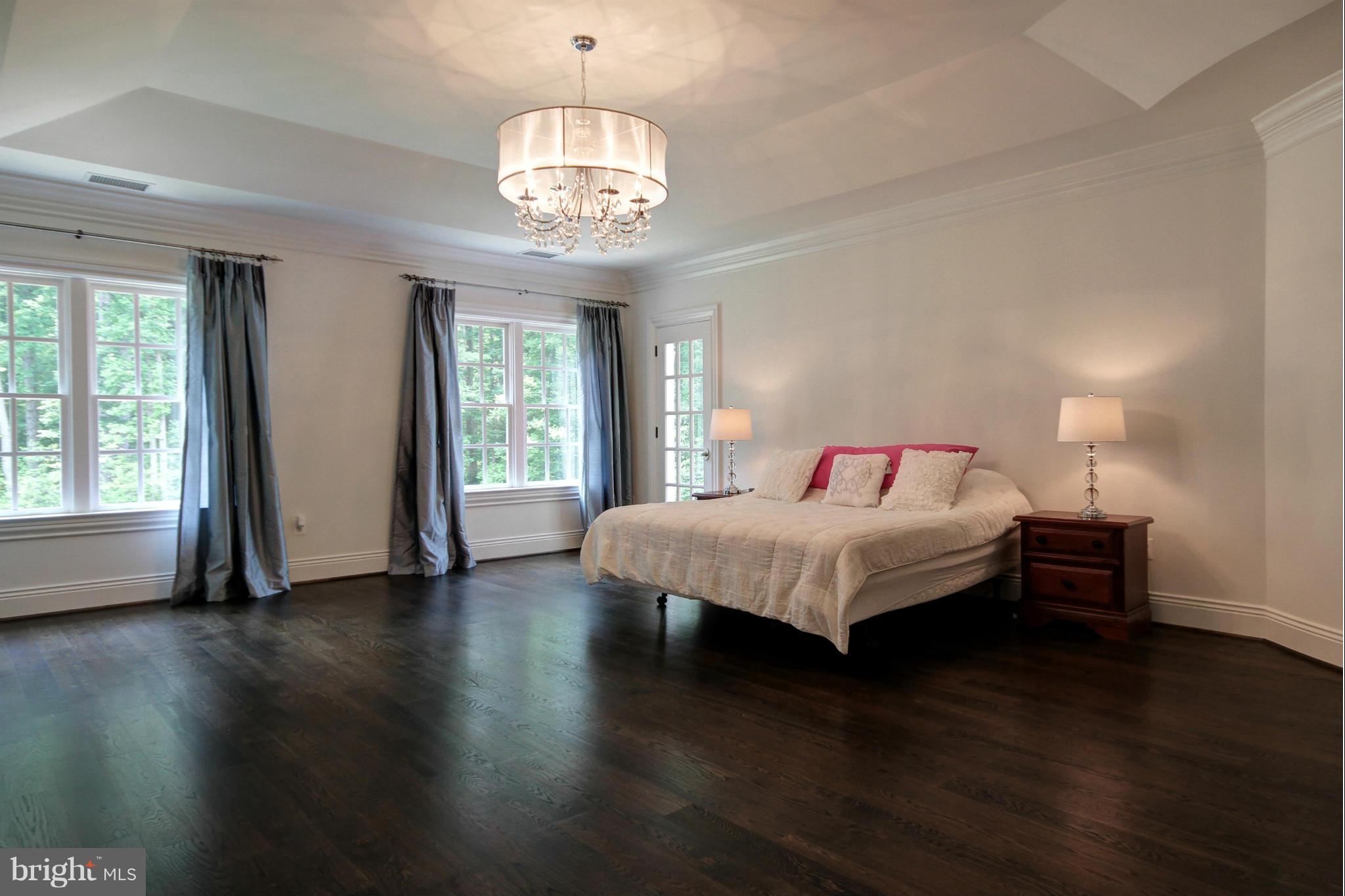 448 Springvale Road Great Falls, VA 22066 - Photo 19 of 30 a spacious bedroom with a bed and a chandelier next to a window