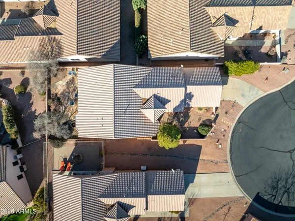 aerial view of a house with patio