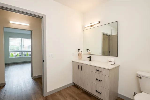 a bathroom with a sink a toilet and mirror