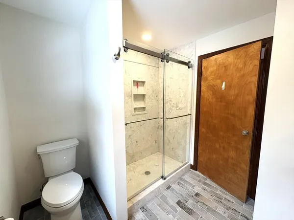 a bathroom with a shower a toilet and a sink