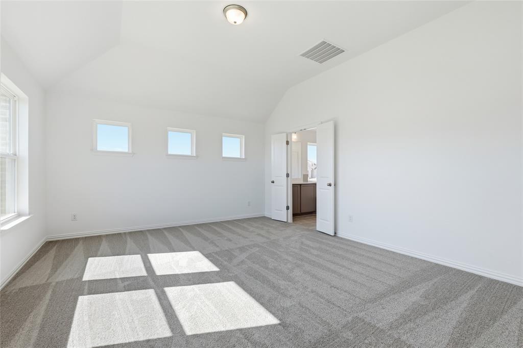 2529 Rivers W Road Anna, TX 75409 - Photo 21 of 40 Spacious room featuring vaulted ceilings, a large window, three smaller accent windows, and plush patterned carpeting