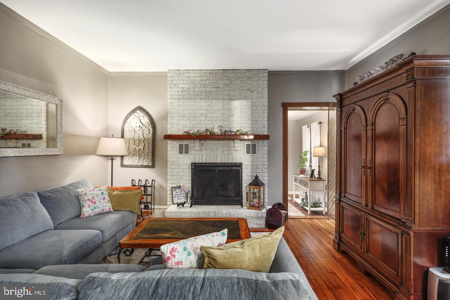 Brick wood burning fireplace.