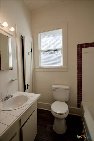 a bathroom with a toilet a sink and a mirror