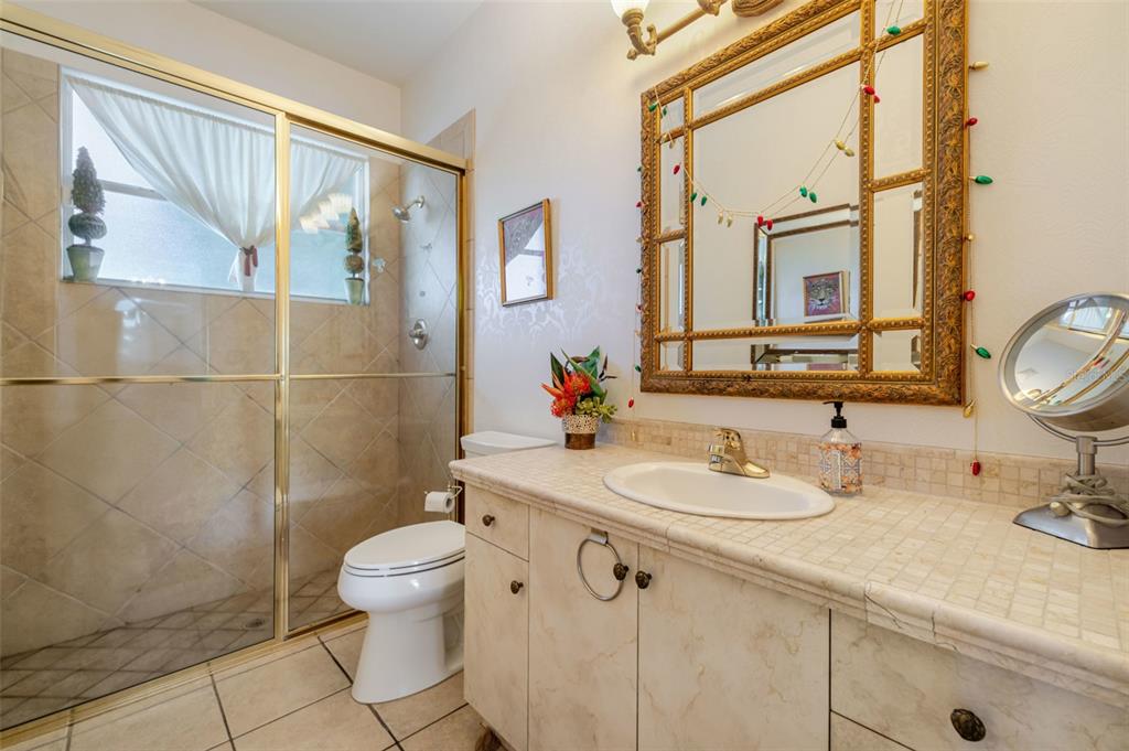 13881 Blenheim Trail Road Fort Myers, FL 33908 - Photo 56 of 82 a bathroom with a granite countertop sink toilet mirror and a shower