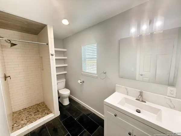 a bathroom with a sink a toilet a shower and a mirror