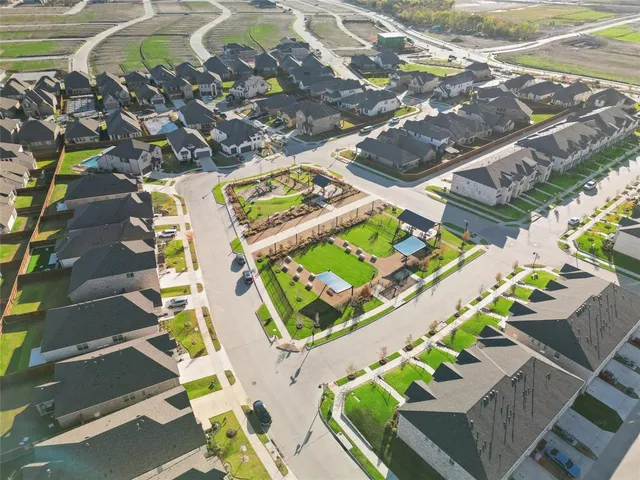 an aerial view of a swimming pool