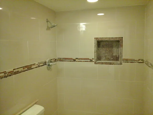 a bathroom with a shower and a toilet