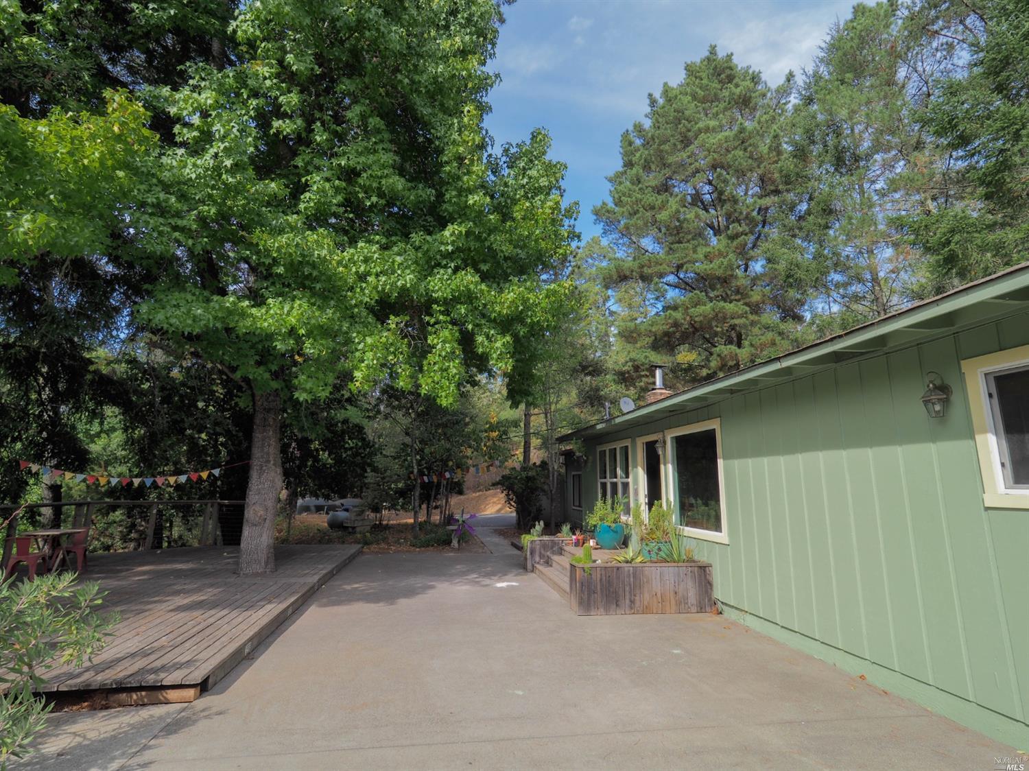 a view of backyard with wheel chair and potted plants