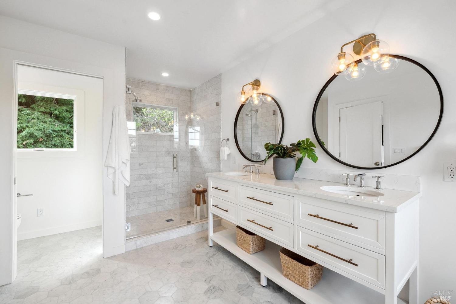 144 Richardson Drive Mill Valley, CA 94941 - Photo 18 of 43 a bathroom with a sink mirror and a shower
