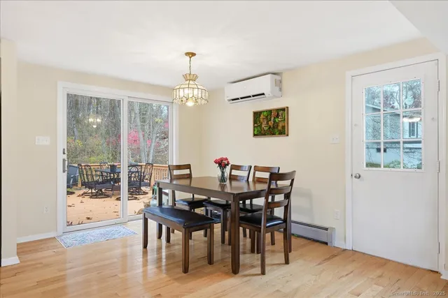 a view of a dining room with furniture window and wooden floor