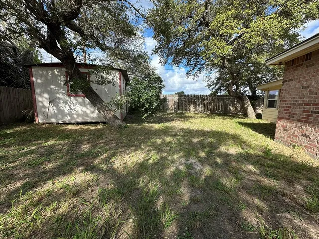 a view of a yard with plants and trees